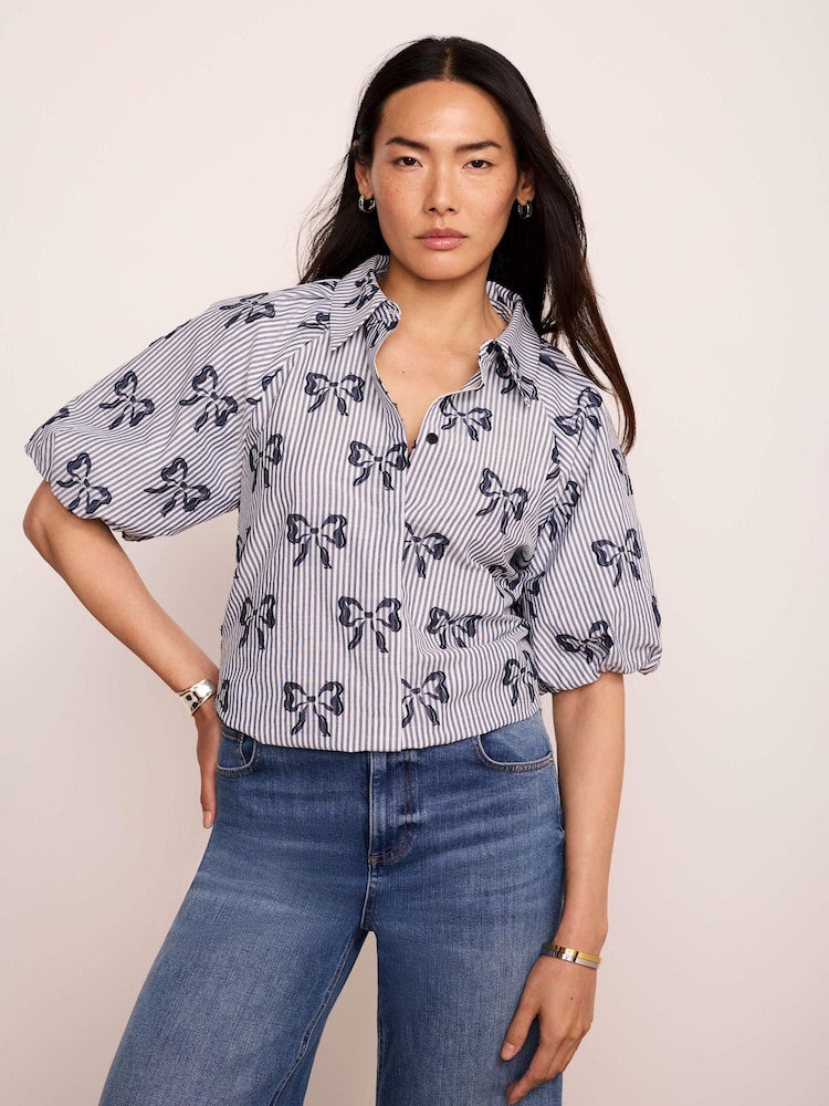 Mint Velvet Blue Cotton Blend Striped Bow Shirt - Image 2 of 8 Mint Velvet Blue Cotton Blend Striped Bow Shirt - Image 2 of 8