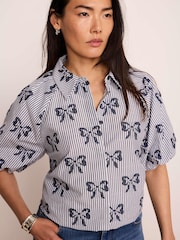 Mint Velvet Blue Cotton Blend Striped Bow Shirt - Image 3 of 8
