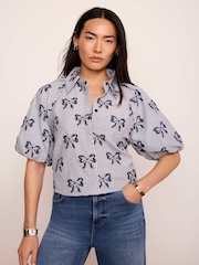 Mint Velvet Blue Cotton Blend Striped Bow Shirt - Image 5 of 8