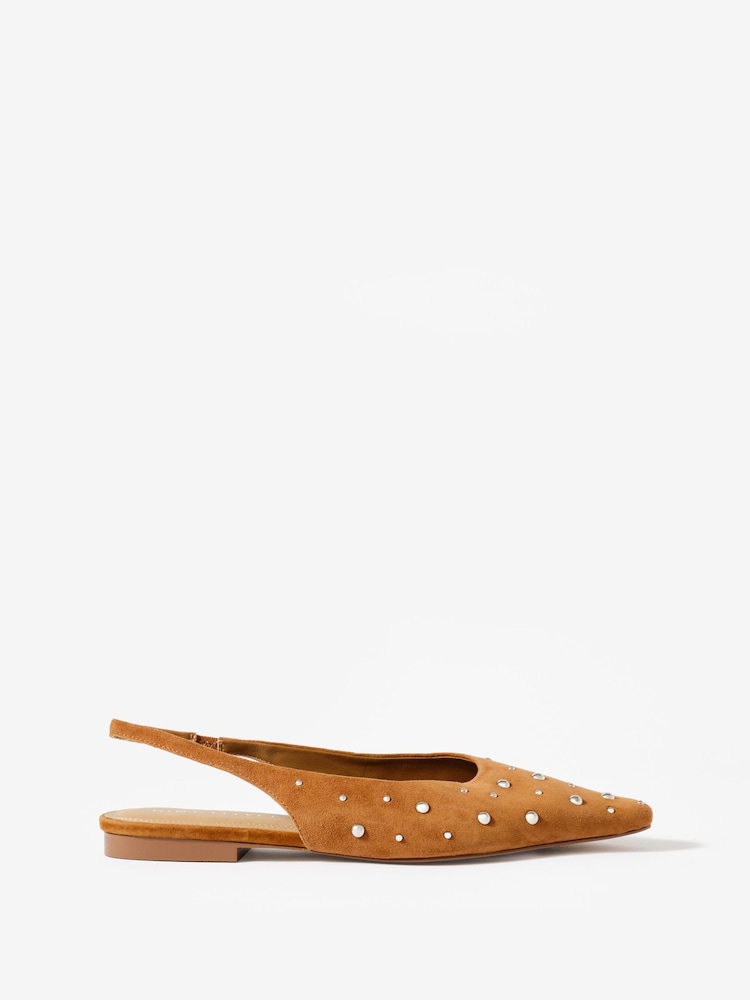 Mint Velvet Brown Casey Suede Studded Slingback Flats - Image 1 of 4