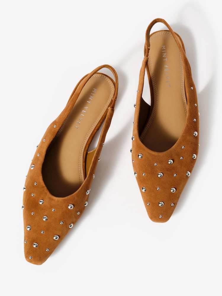 Mint Velvet Brown Casey Suede Studded Slingback Flats - Image 2 of 4