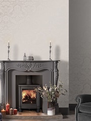 Graham & Brown White Gothic Damask 10M Wallpaper - Image 1 of 3