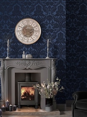 Graham & Brown Cobalt Blue Gothic Damask Wallpaper Sample - Image 1 of 3
