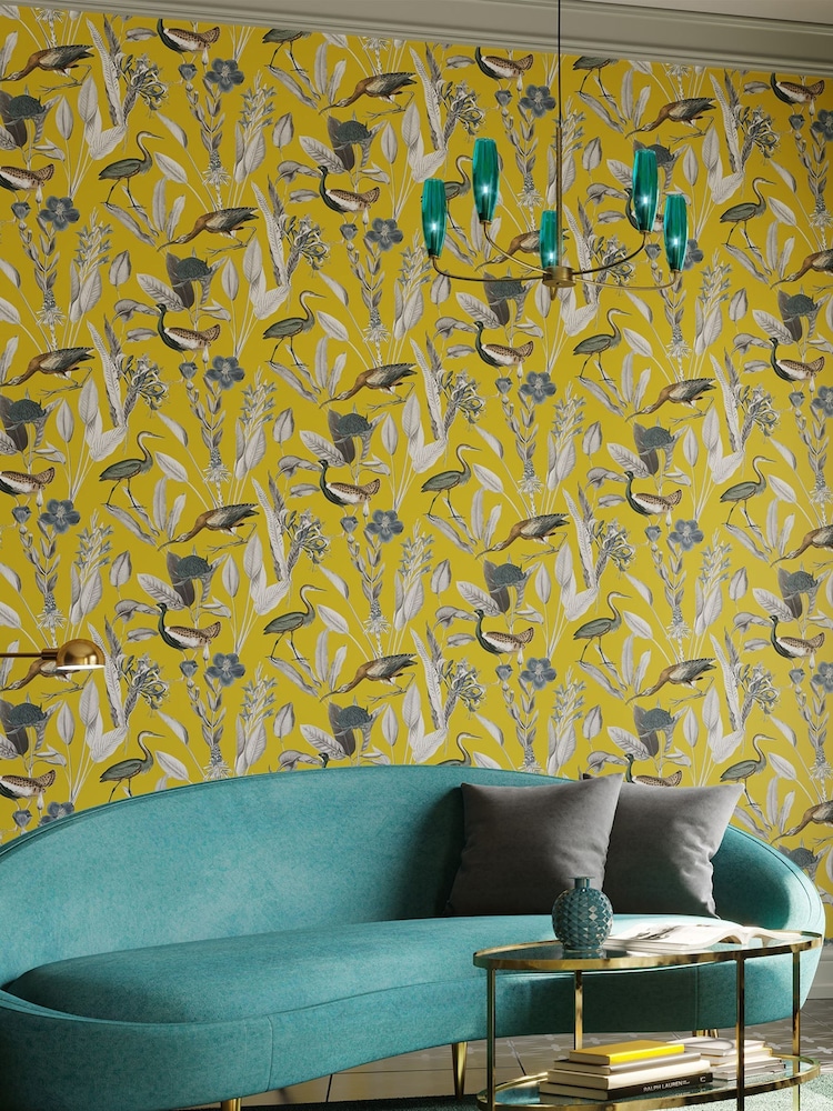 Graham & Brown Mustard Yellow Glasshouse Wallpaper Sample - Image 1 of 3