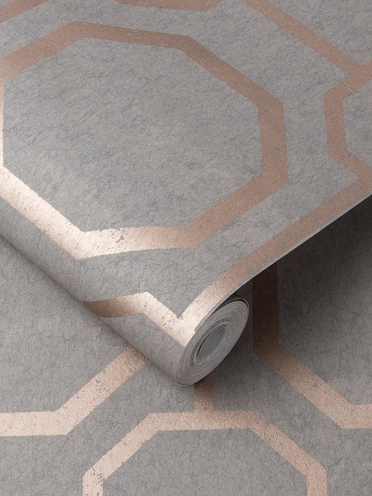 Graham & Brown Grey/Rose Gold Sashiko Geo Wallpaper Sample - Image 2 of 3