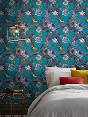 Graham & Brown Teal Blue Jardin Floral Wallpaper Sample - Image 1 of 3