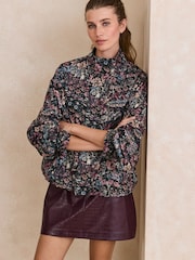 Black Floral Print Funnel Neck Jacket - Image 1 of 7