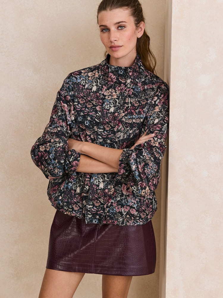 Black Floral Print Funnel Neck Jacket - Image 1 of 7 Black Floral Print Funnel Neck Jacket - Image 1 of 7
