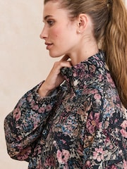 Black Floral Print Funnel Neck Jacket - Image 4 of 7