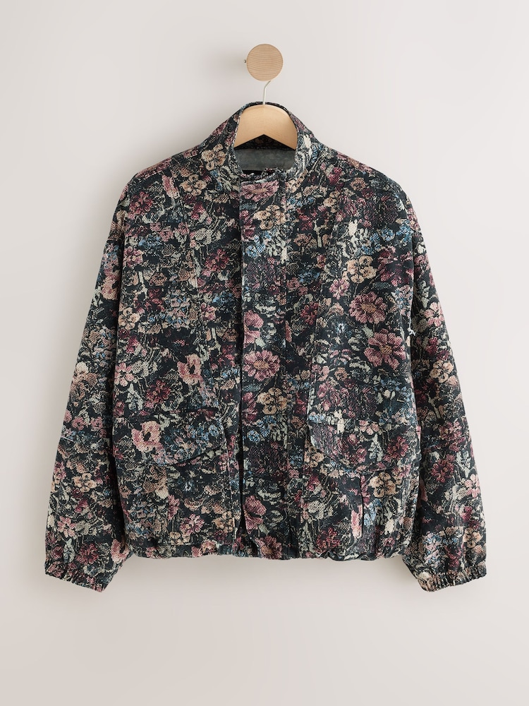 Black Floral Print Funnel Neck Jacket - Image 7 of 7 Black Floral Print Funnel Neck Jacket - Image 7 of 7