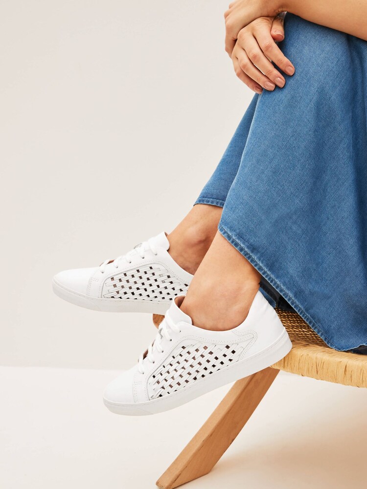 Weiß - Signature Lederturnschuhe mit Schnürung und Webdesign - Bild 1 von 5