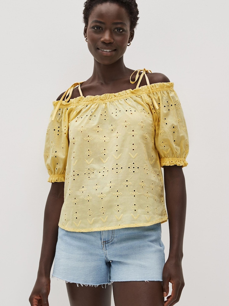 Yellow Bardot Broderie Puff Sleeve Top - Image 1 of 4 Yellow Bardot Broderie Puff Sleeve Top - Image 1 of 4