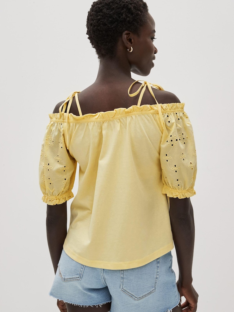 Yellow Bardot Broderie Puff Sleeve Top - Image 2 of 4 Yellow Bardot Broderie Puff Sleeve Top - Image 2 of 4