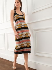Black/Neutral Pattern Crochet Racer Back Midi Dress - Image 2 of 5