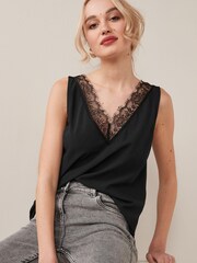 Black Lace Trim V-Neck Cami Top - Image 1 of 4