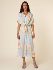Frnch Blue Printed Button Down Belted Midi Dress - Image 1 of 5