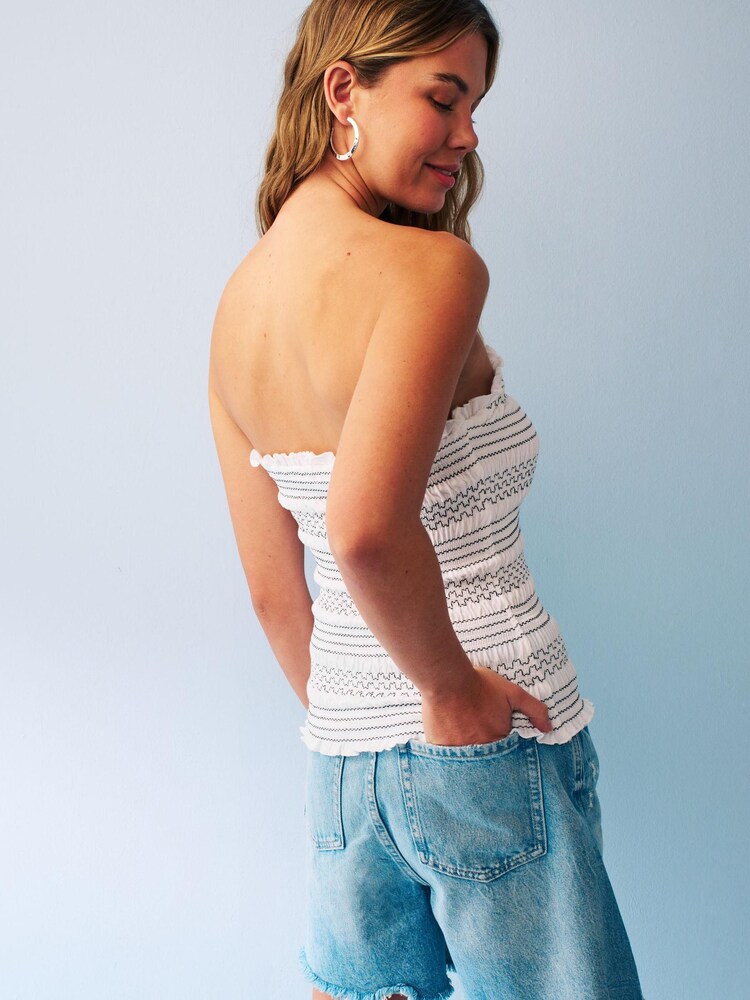 White With Black Embroidery Shirred Bandeau Tube Top - Image 3 of 5