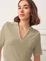 Sage Green Ribbed Polo Neck Short Sleeve T-Shirt - Image 1 of 6