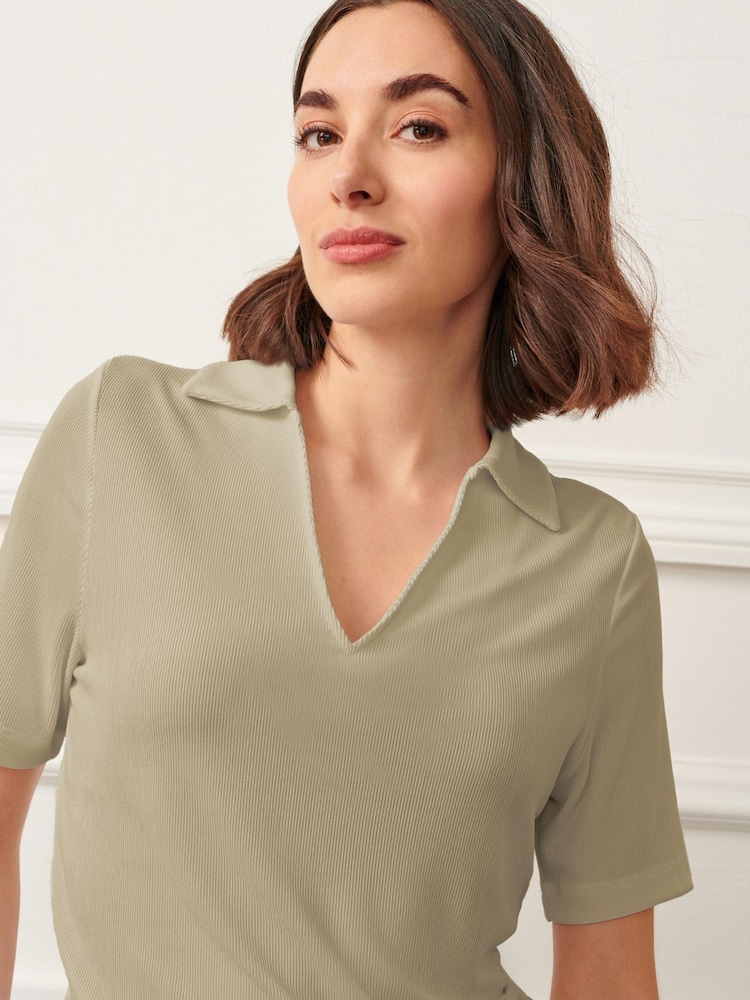 Sage Green Ribbed Polo Neck Short Sleeve T-Shirt - Image 1 of 6