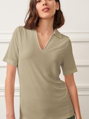 Sage Green Ribbed Polo Neck Short Sleeve T-Shirt - Image 2 of 6