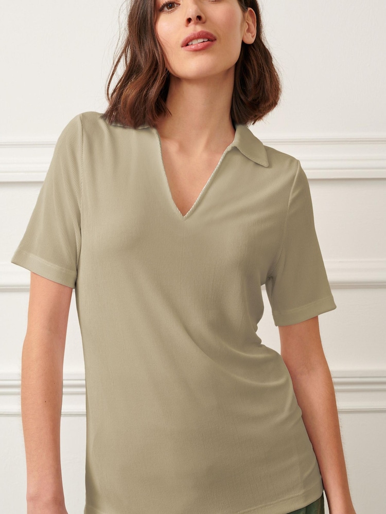 Sage Green Ribbed Polo Neck Short Sleeve T-Shirt - Image 2 of 6