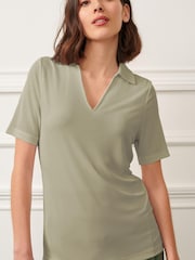 Sage Green Ribbed Polo Neck Short Sleeve T-Shirt - Image 6 of 6