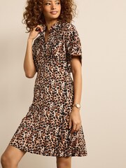 Brown Leopard Print Jersey Short Sleeve Mini Shirt Dress - Image 1 of 5