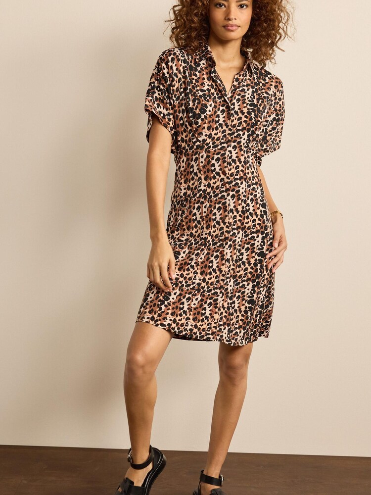 Brown Leopard Print Jersey Short Sleeve Mini Shirt Dress - Image 2 of 5