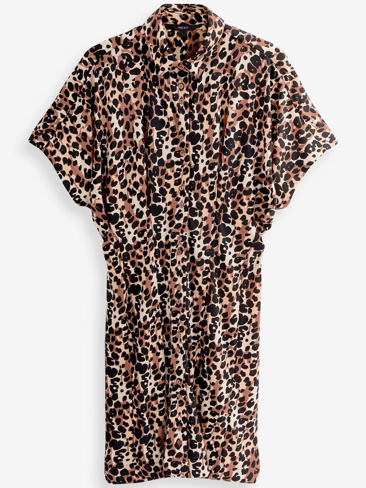 Brown Leopard Print Jersey Short Sleeve Mini Shirt Dress - Image 5 of 5
