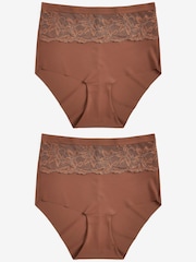 Chocolate Brown High Waist Lace Tummy Control Light Shaping Knickers 2 Pack - Image 5 of 6