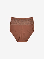 Chocolate Brown High Waist Lace Tummy Control Light Shaping Knickers 2 Pack - Image 6 of 6