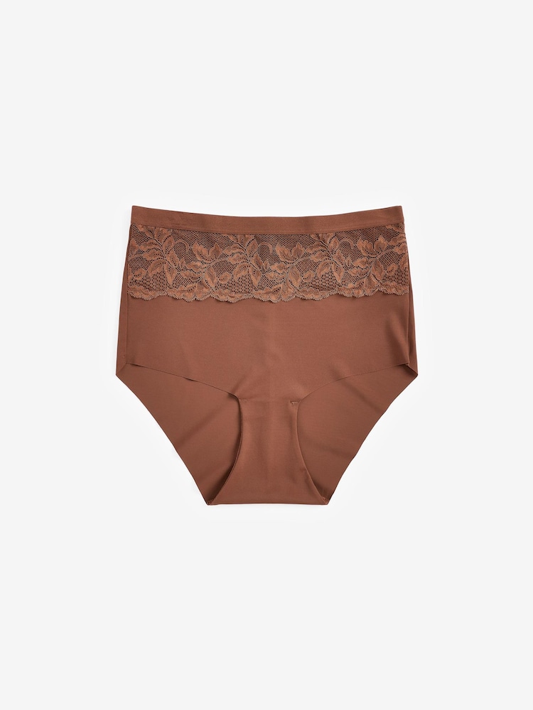 Chocolate Brown High Waist Lace Tummy Control Light Shaping Knickers 2 Pack - Image 6 of 6