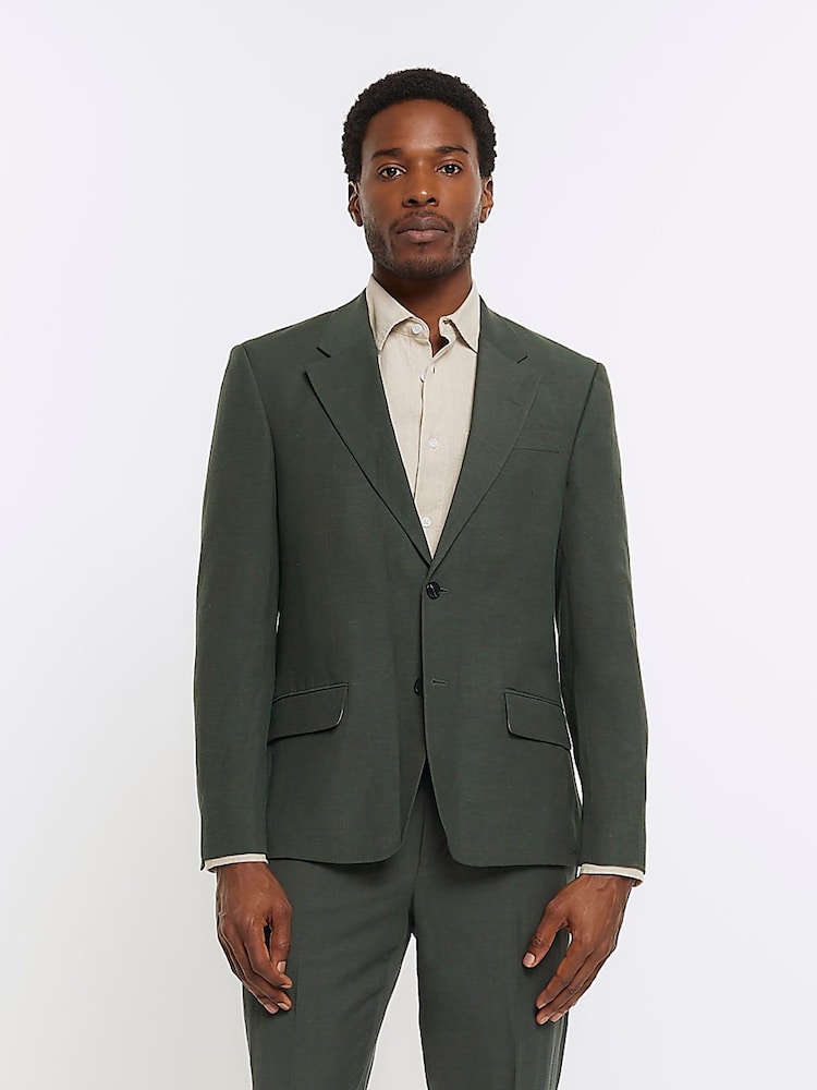 River Island Green Linen Single Breasted Slim Fit Suit Jacket - Image 1 of 5 River Island Green Linen Single Breasted Slim Fit Suit Jacket - Image 1 of 5