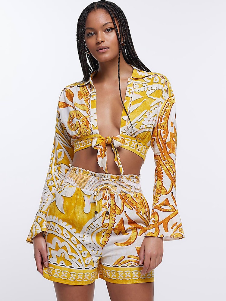 River Island Yellow Tie Front Cropped Shirt - Image 1 of 4 River Island Yellow Tie Front Cropped Shirt - Image 1 of 4