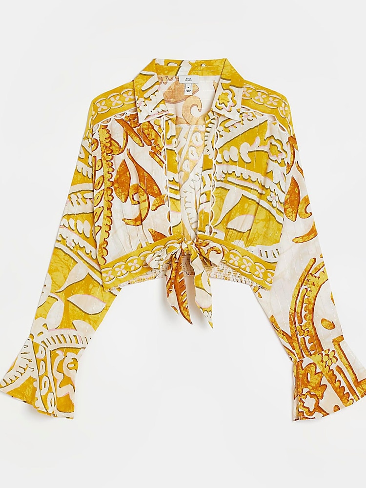 River Island Yellow Tie Front Cropped Shirt - Image 2 of 4 River Island Yellow Tie Front Cropped Shirt - Image 2 of 4