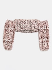 River Island gesmoktes langärmeliges Bardot-Top, braun - Bild 1 von 3