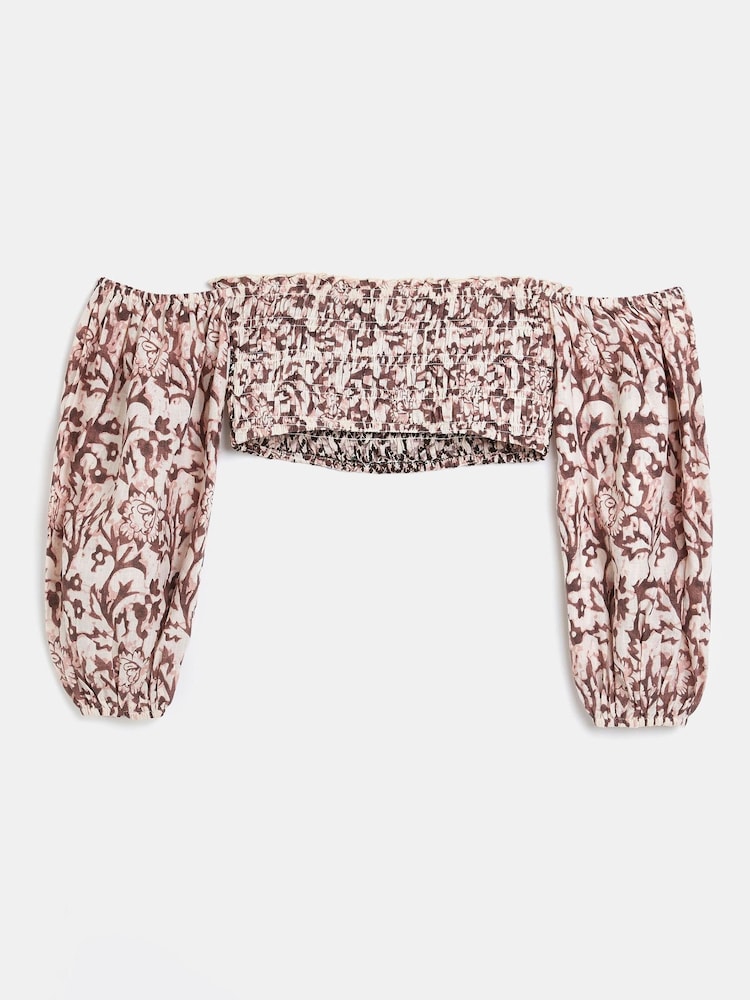 River Island gesmoktes langärmeliges Bardot-Top, braun - Bild 1 von 3