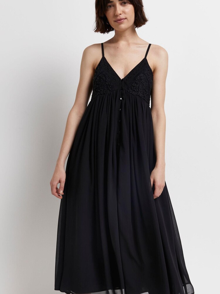 River Island Black 100% Cotton Sleeveless V-Neck Lace Midi Dress - Image 1 of 4