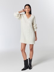 Ecru, Weiß - Strickkleid mit Zopfmuster und V-Ausschnitt - Bild 3 von 6