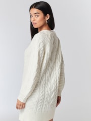 Ecru, Weiß - Strickkleid mit Zopfmuster und V-Ausschnitt - Bild 4 von 6