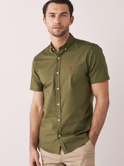 Khaki Green Slim Short Sleeve Stretch Oxford Shirt - Image 1 of 6