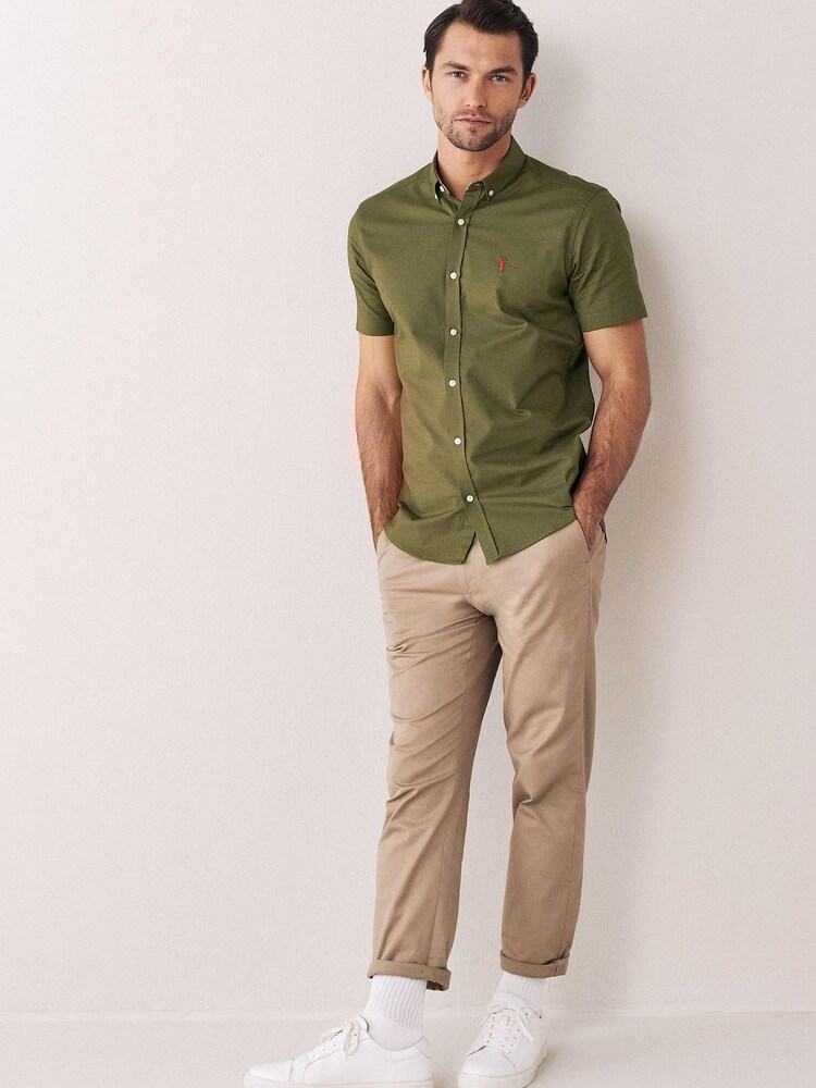 Khaki Green Slim Short Sleeve Stretch Oxford Shirt - Image 2 of 6