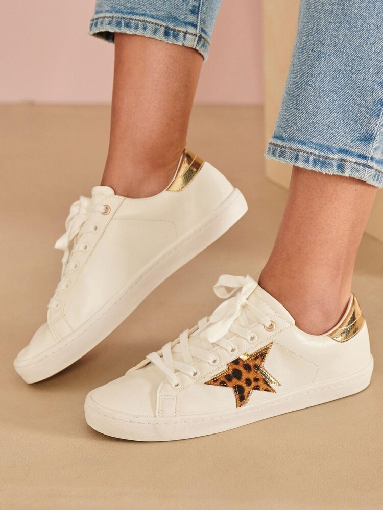 White & Animal Wide Fit Forever Comfort® Star Lace-Up Trainers - Image 1 of 6