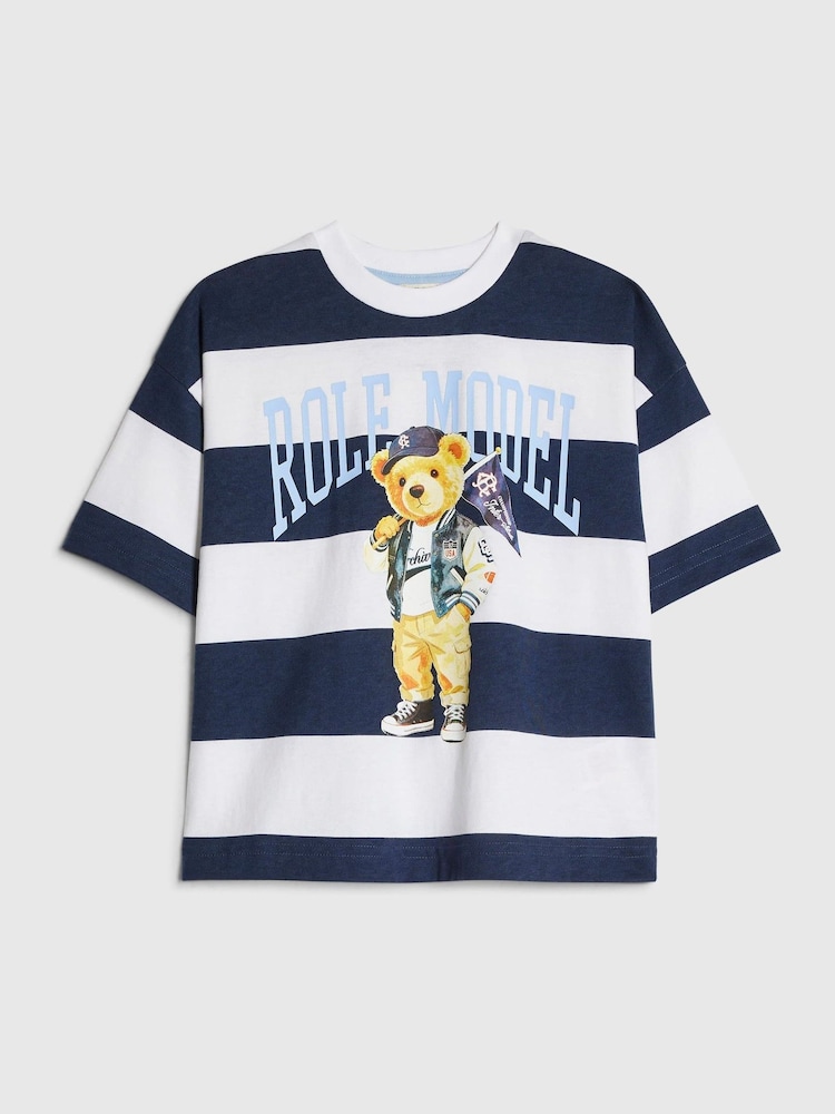 River Island Blue Oversized Striped Role Model T-Shirt - Image 1 of 4
