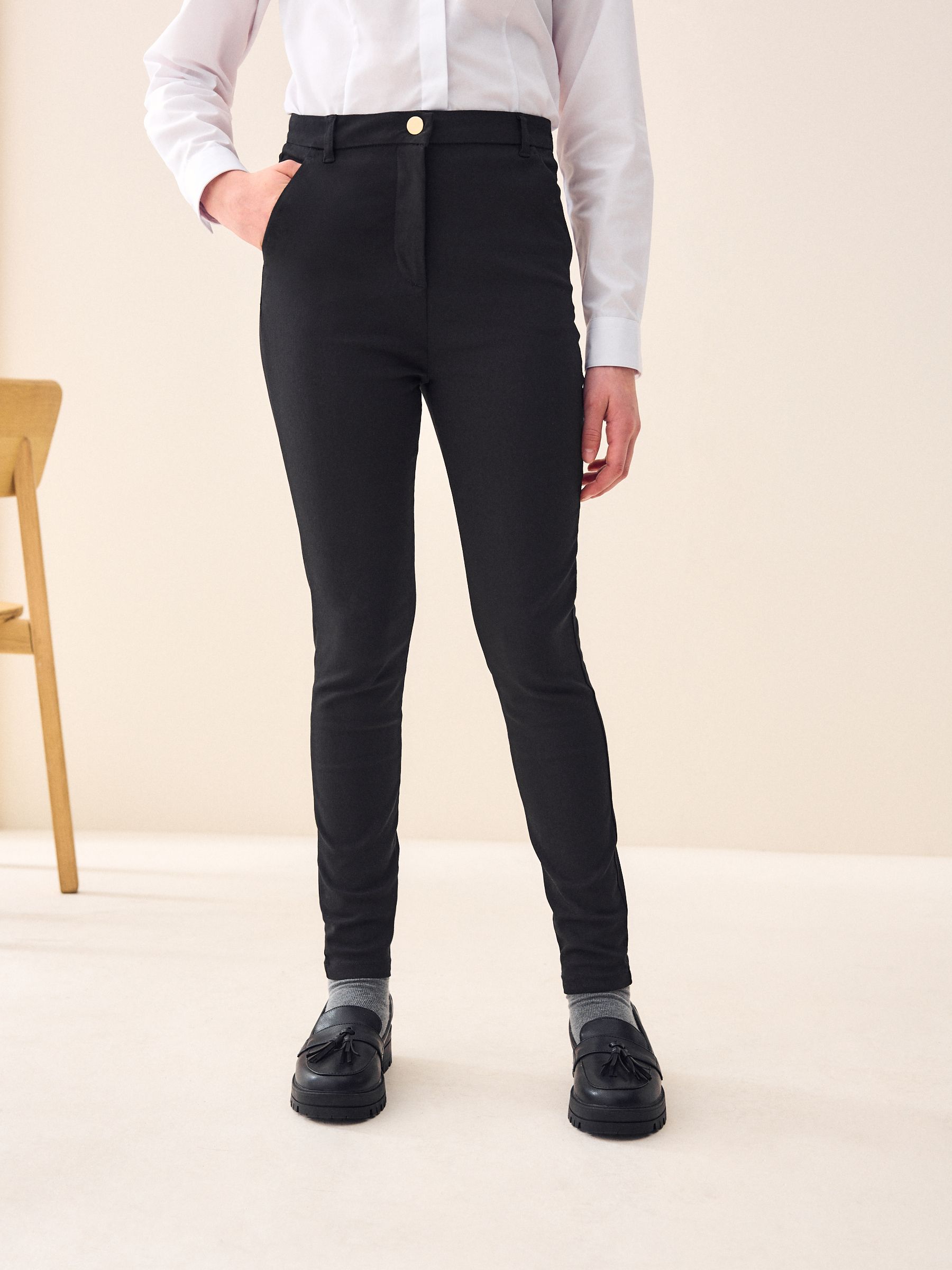 Black Senior Gold Snap High Waisted Skinny Stretch School Trousers 9 17yrs