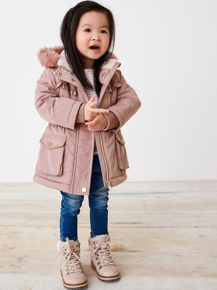 rožnata - Next odporen na dež Faux Fur Trim Parka (3mths-7yrs) - Slika 1 iz 6