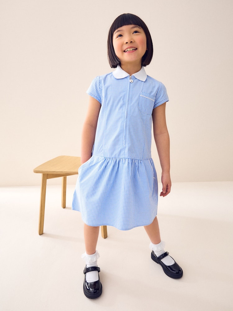 Bleu - Peignoir d’école Vichy en coton zippé sur le devant (3- ans14 ) - Image 1 of 7