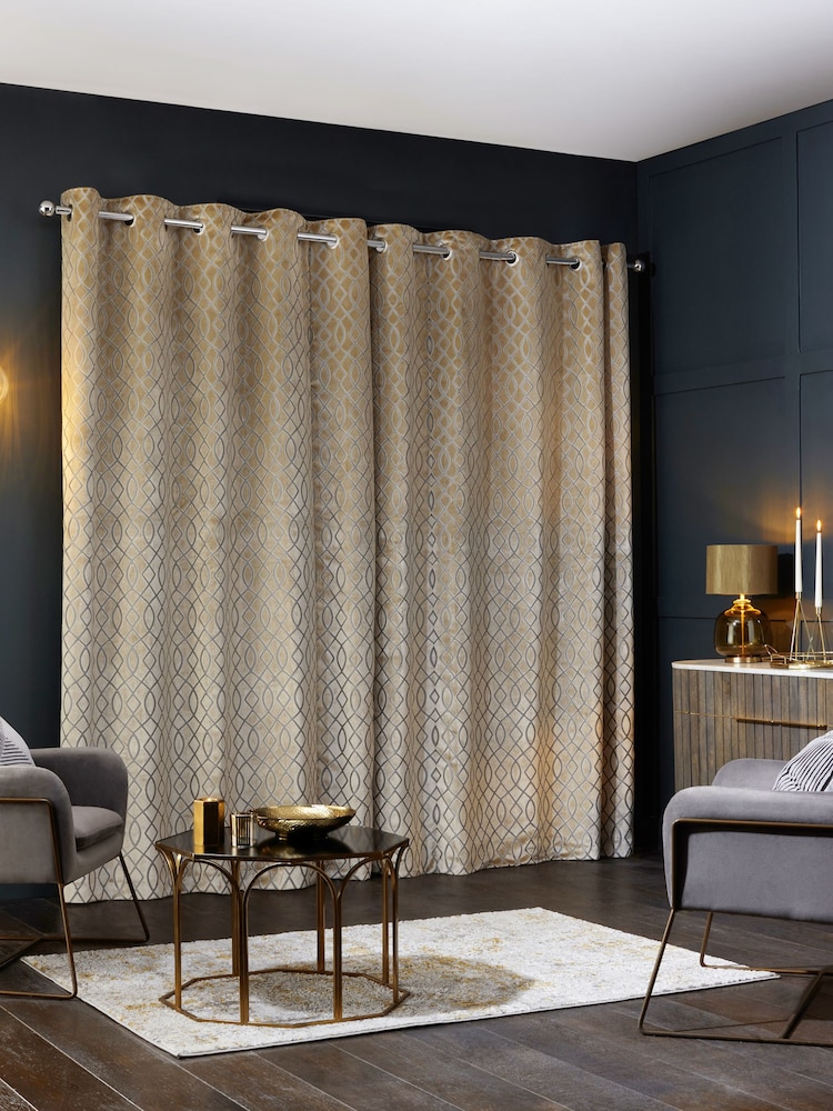Champagne Natural Next Collection Luxe Heavyweight Maeve Damask Velvet Eyelet Lined Curtains - Image 4 of 6