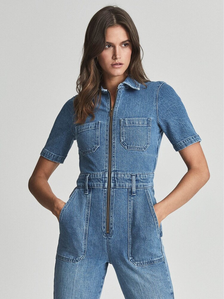Reiss Blue Danie Petite Denim Jumpsuit - Image 1 of 7