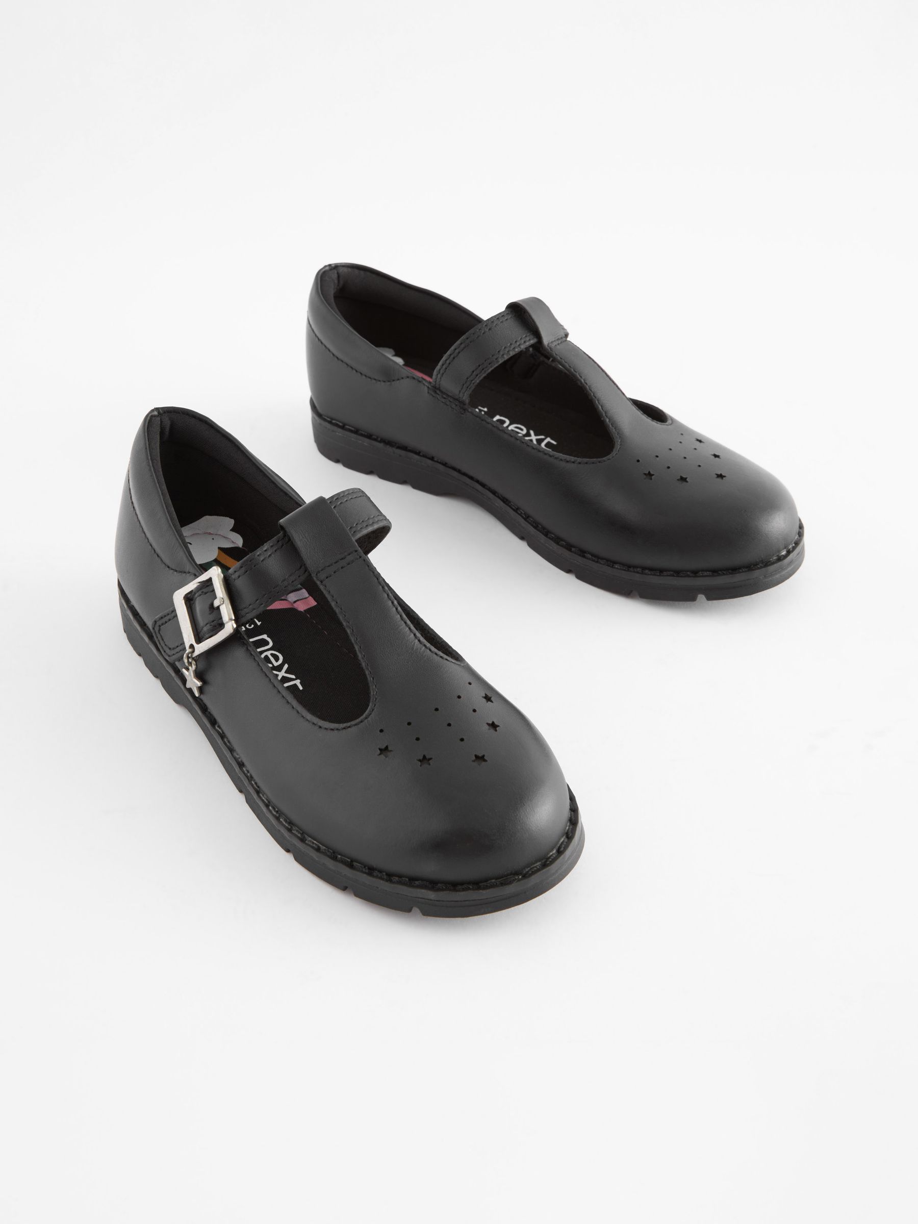 Black Standard Fit F Leather Junior T Bar School Shoes